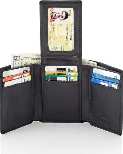 Stealth Mode Trifold Leather Wallet for Men with ID Holder and RFID Blocking (Black)