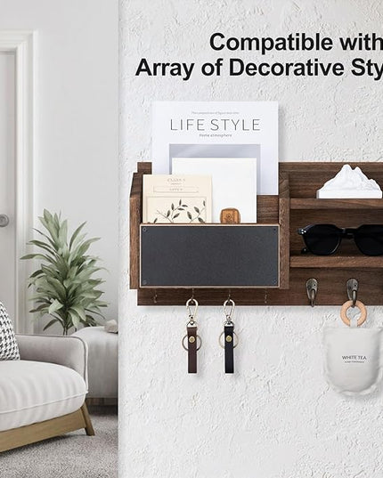 Lwenki Mail and Key Holder – Wall Mount Key Hanger with Shelf and 7 Metal Hooks – Decorative Natural Paulownia Wood Entryway Organizer with Mounting Hardware (16.5”W x 8.7”H x 3.5”D) (Brown)