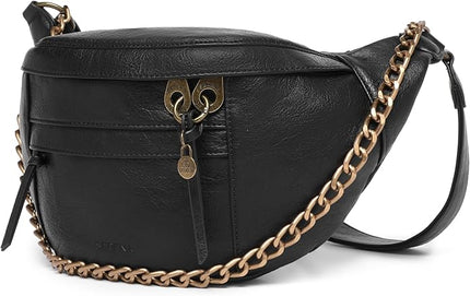 Anti Pickpocket Crossbody Bag – Large Vegan Black Leather Sling Bag with RFID & Glasses Pockets, Anti Theft Design, Multiple Compartments, Chain Detail Travel Crossbody Bag for Women