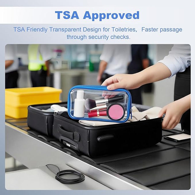 5 Pack Clear Hard Shell Zipper Pouches, TSA Friendly Transparent Design for Toiletries & Electronics, Crush-Resistant Storage for Carry-On Travel (Blue)