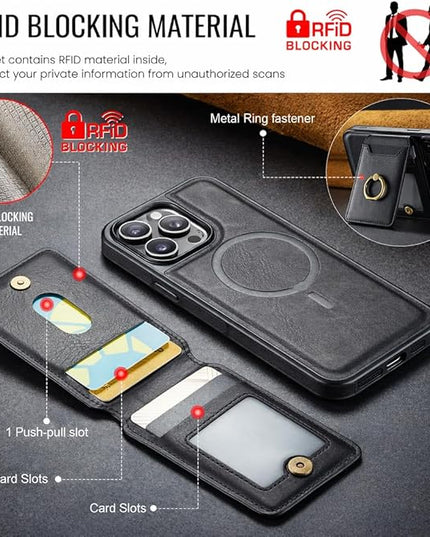 Mizi 3-in-1 Mag Safe Wallet with Stand & Ring Grip, Strong Magnetic Vegan Leather Card Holder, RFID Blocking, Holds 5 Cards, for iPhone 17/16/15/14/13/12 Series (Not for 13/12 Mini) - Black