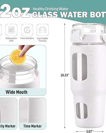 BLUEGO 32oz Glass Tumbler with Lid and Handle, Iced Coffee Cup with Straws, Glass Water Bottle with Silicone Sleeve and Volume, Marker Glass Cup with Time Marking, BPA Free, White