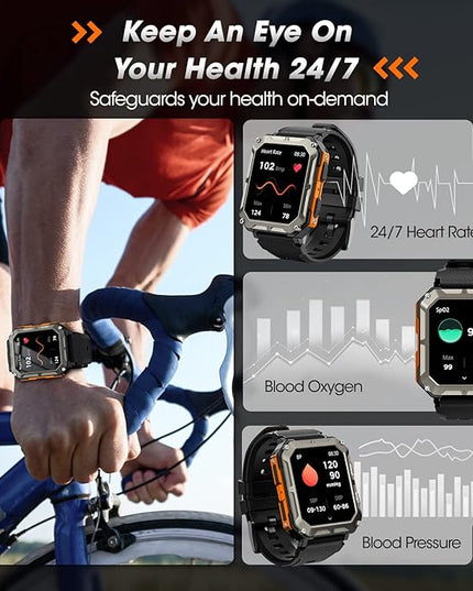 Military Smart Watch for Men (Answer/Make Call), 10 ATM Waterproof Outdoor Sports Fitness Tracker with, Blood Pressure, Heart Rate, Sleep Monitor, Rugged Tactical Smartwatch for Android and iPhone