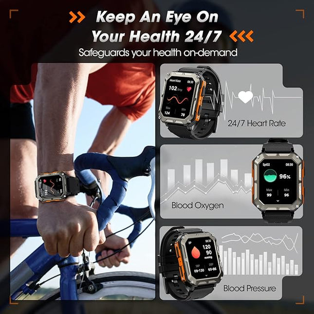 Military Smart Watch for Men (Answer/Make Call), 10 ATM Waterproof Outdoor Sports Fitness Tracker with, Blood Pressure, Heart Rate, Sleep Monitor, Rugged Tactical Smartwatch for Android and iPhone