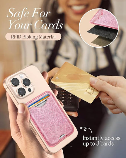 Shorogyt Compatible with Magsafe Wallet Magnetic Card Holder - Glitter Pk Phone Wallets for Women Teen Girls Fashion for iPhone 16/15/14/13/12 Series Slim for Apple Mag RFID Magnet, Fit 3 Cards