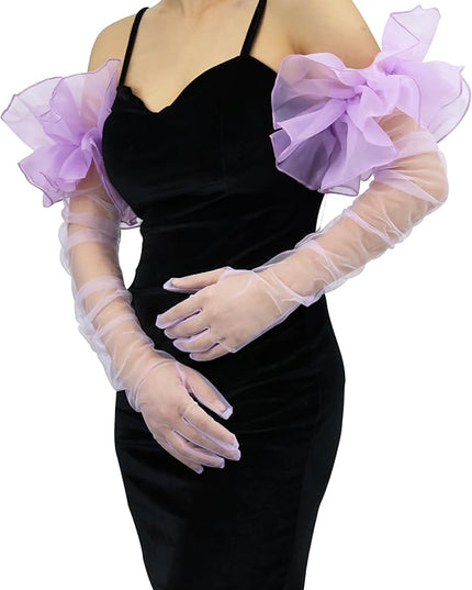 Super Puff Sheer Long Gloves Oversize Tulle Mesh Gloves for Cocktail Opera Party Glove Long Sleeve