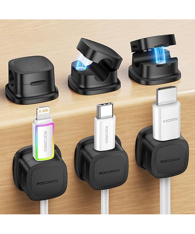 6 Pack Cable Management Cord Organizer,Magnetic Cable Clips-1s Lock,Rocoren Desk Adhesive Cord Cable Clip Wire Holder Keeper for Phone Charger Wire,Nightstand,Car,Office,Desktop Accessory,Black