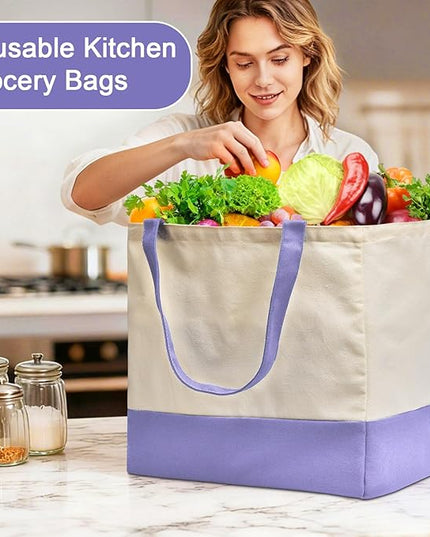 Reusable Grocery Bags Heavy Duty, 8.3 gal Foldable Large Canvas Tote Bag with Handles, Holds 60 lbs Canvas Shopping Bags, 1 Pack（Off White+Light purple）