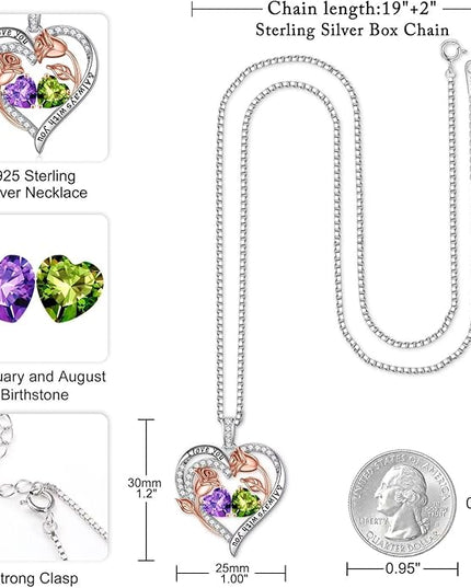 Iefil Christmas Gifts for Women Wife - 925 Sterling Silver Rose Heart Birthstone Necklace Birthday Anniversary Jewelry Gifts for Her Wife Mom Daughter