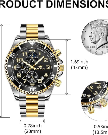 OLEVS Mens Watches Chronograph Watch Luxury Dress Stainless Steel Waterproof Watches for Men Moon Phase Luminous Business Calendar Wrist Watch Blue/Black/Green/Gold/Face