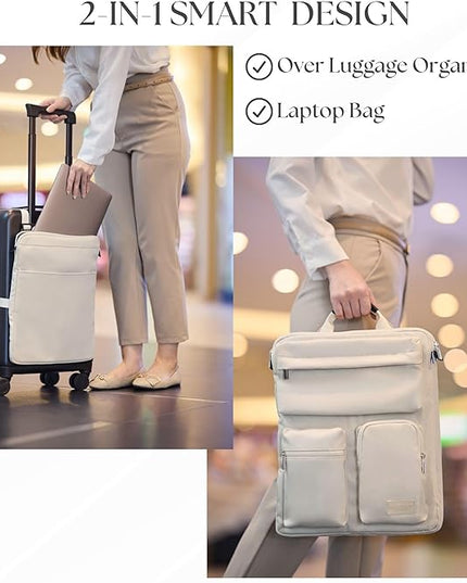 BAREFOOT CARIBOU Over Luggage Organizer for Carry On Bag or Suitcase with Storage Pockets, 16” Laptop Sleeve with Handle, Travel Accessories Bag Slide On Luggage Harness with Adjustable Straps (Ivory)
