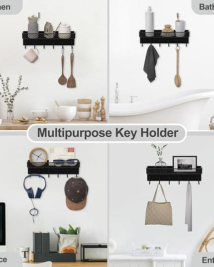 Lwenki Key Holder for Wall – Decorative Stainless Steel Key Hanger with 6 Hooks for Hats, Bags, Leashes – Mail Holder Key Rack with Mounting Hardware and Guide (9.65” x 2.8” x 2.2”) (Black)