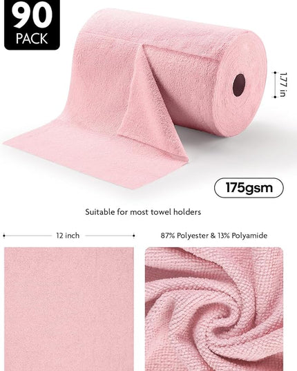 Fantasticlean Microfiber Cleaning Cloth Roll -90 Pack, Tear Away Microfiber Towels, 12" x 12", Reusable, Washable, Scratch Free, Ultra Absorbent Dishcloth for All-Around Cleaning Supplies (Pink)
