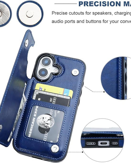 ONETOP Compatible with iPhone 17 Wallet Case with Card Holder, PU Leather Kickstand Card Slots Case, Double Magnetic Clasp and Durable Shockproof Cover 6.3 Inch (Blue)