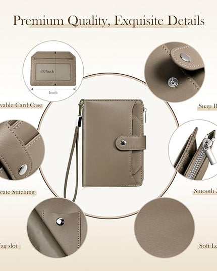 Dadanism RFID Passport Holder for Travel, Pu Leather Passport Wallet Cover with Card Holders, SIM Slots, Zippered Coin Pocket and Cash Slot, Slim Compact Travel Wallet for Women, Khaki Brown