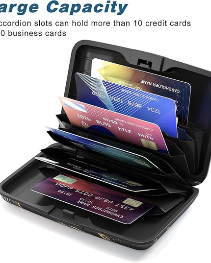 Atufsuat Credit Card Holder, Mini Aluminum Card Wallet RFID Blocking Slim Metal Hard Card Case for Women Men, Black Gold