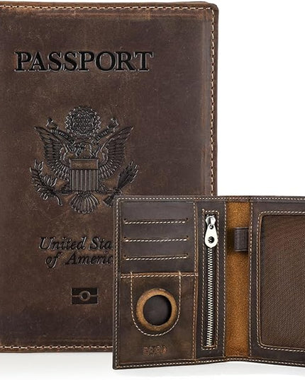 CONTACTS Full Grain Leather Airtag Passport Holder RFID Blocking Travel Passport Wallet Slim Passport Cover Case with 4 Card Slots, Coin Pocket with Badge