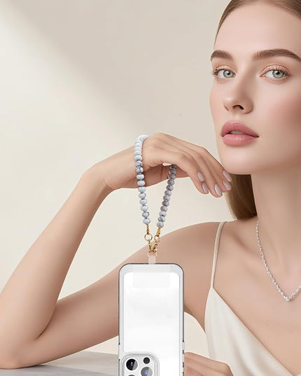 Natural Stone Beaded Phone Wrist Strap for Women – Detachable Chain Wristlet, Durable 304 Stainless Steel Core (Marble-White)