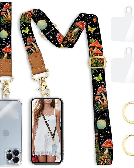 Cell Phone Lanyard Crossbody with Wrist Strap, Mushroom Butterfly Lanyards for Around The Neck Wristlet Adjustable Phone Strap Cute for Keys Case ID Badges Accessories
