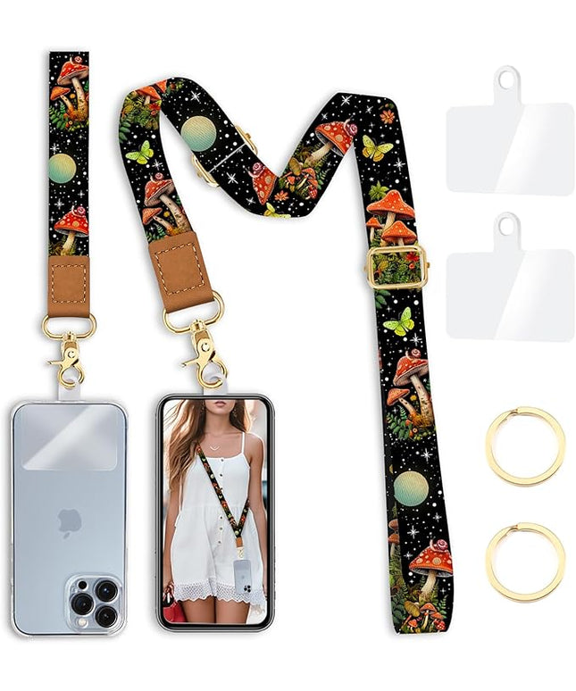 Cell Phone Lanyard Crossbody with Wrist Strap, Mushroom Butterfly Lanyards for Around The Neck Wristlet Adjustable Phone Strap Cute for Keys Case ID Badges Accessories