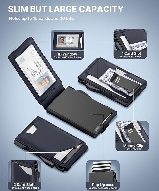 typecase Tactical Wallet for Men Card Holder: Pop Up Card Case, Genuine Leather, Smart, RFID Blocking, Slim, Minimalist, Thin, Front Pocket - 9-13 Card Capacitiy, ID Window, Money Clip (Navy)