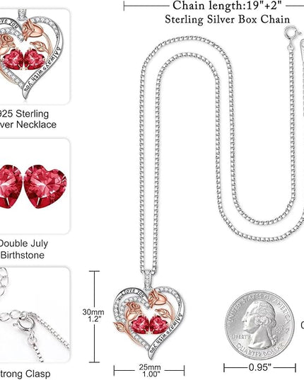 Iefil Christmas Gifts for Women Wife - 925 Sterling Silver Rose Heart Birthstone Necklace Birthday Anniversary Jewelry Gifts for Her Wife Mom Daughter
