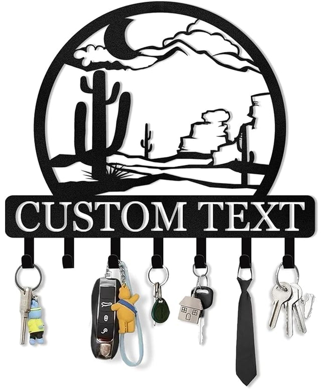 KAINSY Personalized Key Holder for Wall, Custom Cactus Metal Key Hanger, Desert Key Rack Coat Rack, Key Hooks Wall Art Decor, Key Holder Wall Mount Organizer for Dormitory, Entryway, Garden, Office