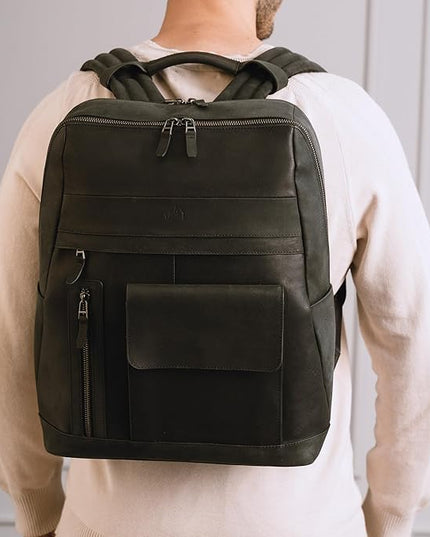 VELEZ Black Leather Backpack for Men & Women - Large Capacity Laptop Travel Backpack with 17" Sleeve - Vintage Travel Bag with Adjustable Straps, Multiple Pockets & Trolley Sleeve