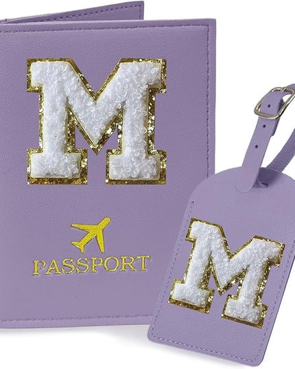 COSHAYSOO Purple Initial Passport Cover Holder and Luggage Tag Set TSA Approved with Alphabet Chenille Letter Patch for Women Teenager Girls, PU Leather Traveling Bag Suitcase Identifier (M)