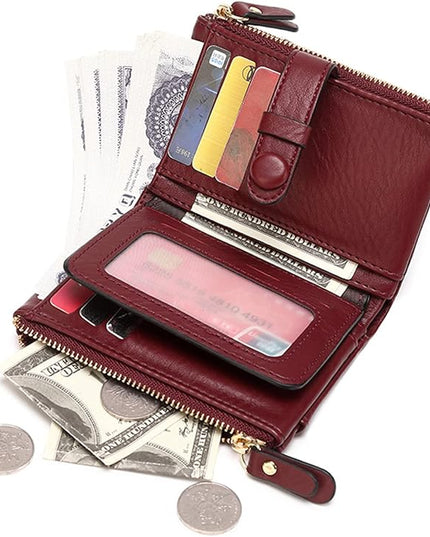 AOXONEL Women's Wallets Leather Wallets for Women Rfid Small Ladies Wallet Billfolds for Women,Trifold Mini Wallets for Women with Double Zipper Coin Pocket (Red)