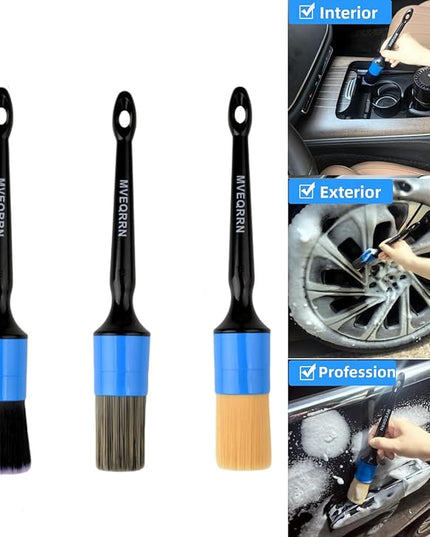 3pcs Car Detailing Brush Set-1pcs Boars Hair Car Detailing Brushes,1pcs Ultra Soft No Scratch Detailing Brush for Air Vent,Leather Seat 1pcs auto Detail Brushes for Interior Exterior(Blue)