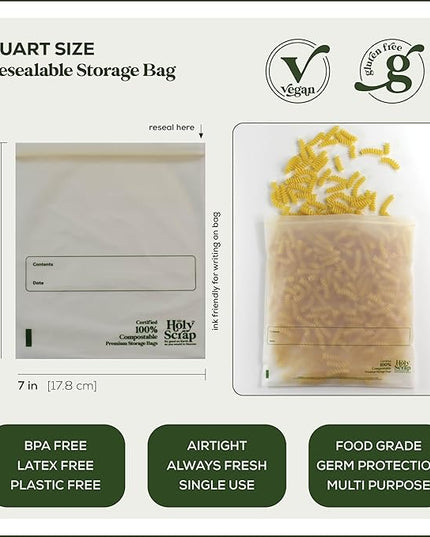100% Compostable Food Storage Bags QUART Size - 80 Pack - Resealable Extra Strength Zip Seal Bags Made from Plants, Eco Friendly, Freezer Safe - BPI Certified, OK Compost Home
