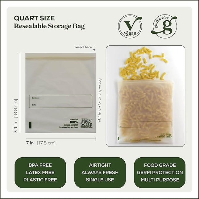 100% Compostable Food Storage Bags QUART Size - 40 Pack - Resealable Extra Strength Zip Seal Bags Made from Plants, Eco Friendly, Freezer Safe - BPI Certified, OK Compost Home