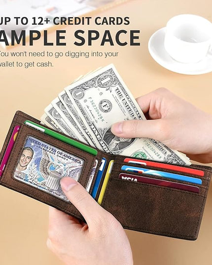 RUNBOX Wallet for Men Slim 11 Credit Card Holder Slots Leather RFID Blocking Small Thin Men's Wallet Bifold Minimalist Front Pocket Large Capacity Gift Box