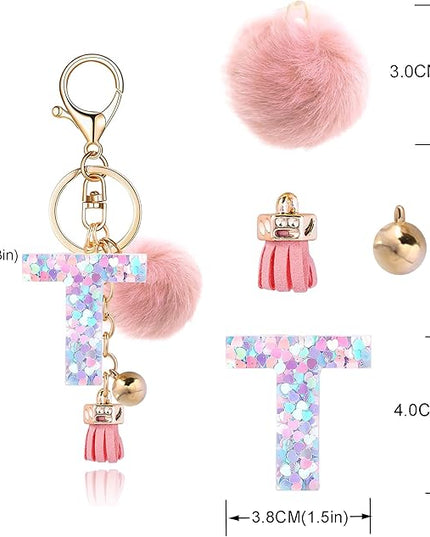Resin Alphabet Initial Letter Keychain Keyring for Women Purse Handbags With Fur Ball Pom