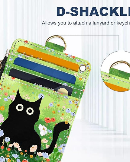 Slim Wallet Credit Card Holder, Cat on the Green Grass, RFID Wallet Women Cute Small Front Pocket Wallet With Zipper, PU Leather Thin travel RFID Blocking Card Case ID Window,Ladies Gifts