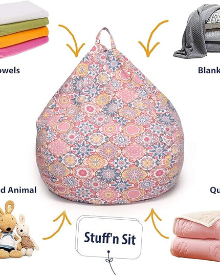 YuppieLife Kids Storage Bean Bag Cover（No Filling） Toy Organizer|Carrying Handle Sofa|Available for Kids and Teenager|Cuddle Chair|Machine Washable and Durable（27“,Pink Flowers）