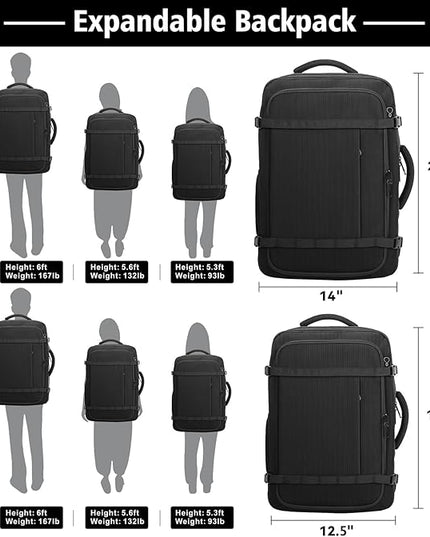Travel Backpack,Expandable Carry on Backpack 40-50L with USB Cable Port,Fits 17.3 Inch Laptop Notebook,Water Resistant Weekender Travel Laptop Backpack for Men Women Business Trips,Daily Travel,Black