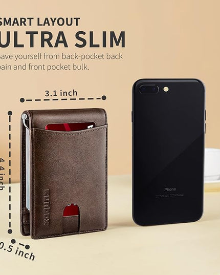 RUNBOX Slim Wallet for Men Genuine Leather RFID Blocking Bifold Minimalist Front Pocket Mens Wallet with Money Clip Thin Gift Box