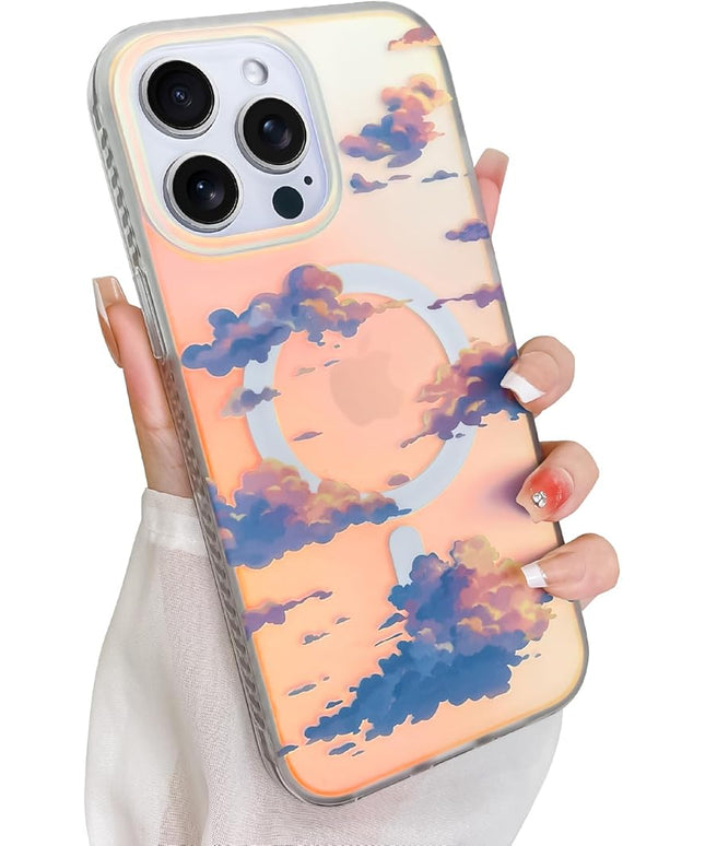 Cute Case for iPhone 14 Pro Max Case for Women Girls [ Compatible with Magsafe ] Aesthetic Cloud Pattern Design, Girly Glitter Sparkly Bling Protective Phone Cover, Iridescent Sun Set Sky