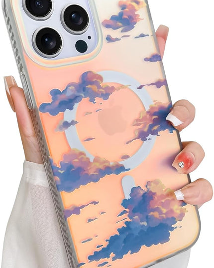 Cute Case for iPhone 15 Pro Max Case for Women Girls [ Compatible with Magsafe ] Aesthetic Cloud Pattern Design, Girly Glitter Sparkly Bling Protective Phone Cover, Iridescent Sun Set Sky