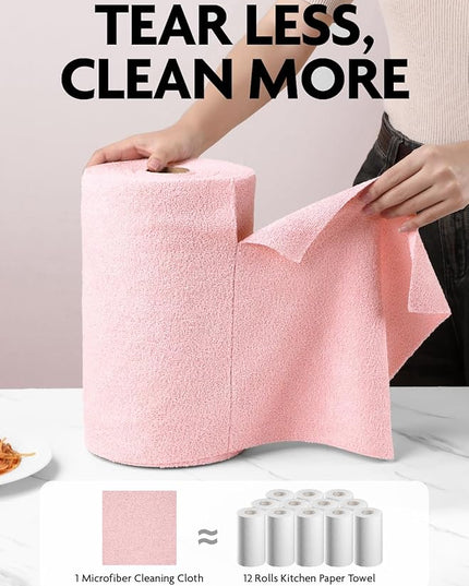 Fantasticlean Microfiber Cleaning Cloth Roll -90 Pack, Tear Away Microfiber Towels, 12" x 12", Reusable, Washable, Scratch Free, Ultra Absorbent Dishcloth for All-Around Cleaning Supplies (Pink)