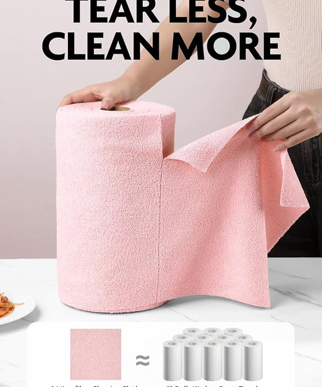 Fantasticlean Microfiber Cleaning Cloth Roll -75 Pack, Tear Away Microfiber Towels, 12" x 12", Reusable, Washable, Scratch Free, Ultra Absorbent Dishcloth for All-Around Cleaning Supplies (Pink)