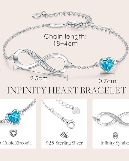 CDE Valentine's Day Gift Infinity Heart Birthstone Charm Link Bracelet for Women 925 Sterling Silver Adjustable Mother's Day Christmas Day Gift Anniversary Birthday Jewelry for Wife Girlfriend Her