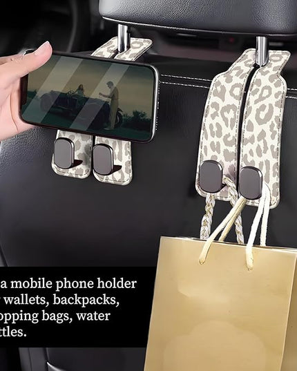 Car Seat Headrest Hook, Universal Leather Cute Hanger Holder Hook, Storage Organizer Interior Accessories for Purse Bags Handbag Luxury Grey Leopard