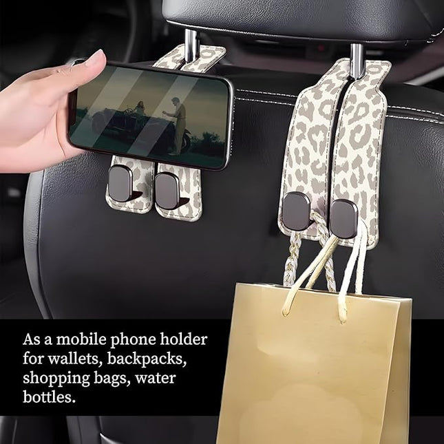 Car Seat Headrest Hook, Universal Leather Cute Hanger Holder Hook, Storage Organizer Interior Accessories for Purse Bags Handbag Luxury Grey Leopard