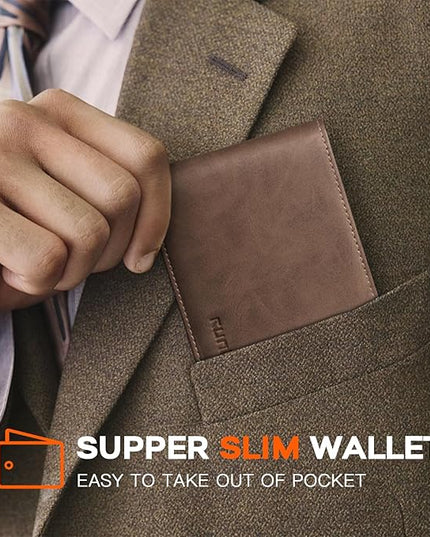 RUNBOX Wallet for Men Slim Leather Bifold RFID Blocking Minimalist Front Pocket Design with Gift Box