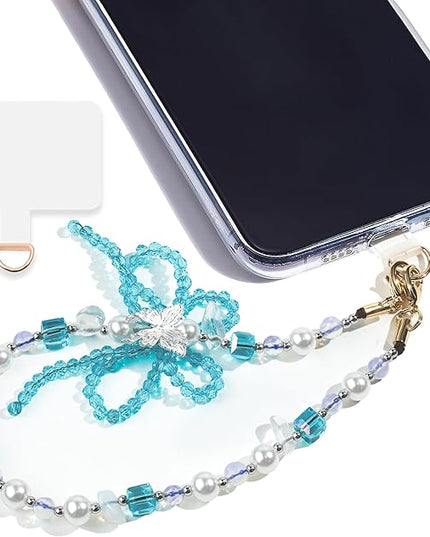 Marble Beaded Phone Wrist Strap,Detachable Phone Bracelet Strap with Tether Tab,Hands-Free Wristlet Strap (Blue & White)