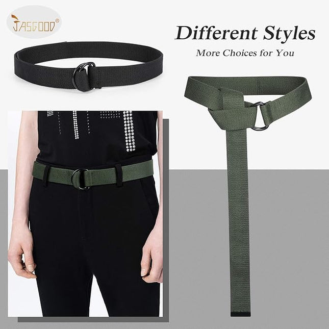 JASGOOD Men Canvas Belt Web Fabric Casual Belt with Black Double D-ring 1 1/2" Wide Set of 2