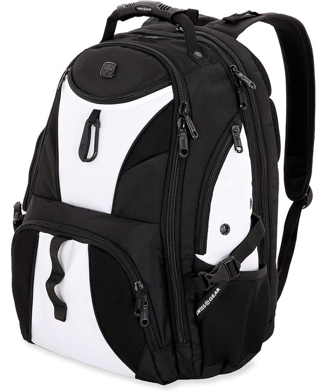 SwissGear 1900 ScanSmart 17” Laptop Backpack White/Black – Reflective Tech Backpack with ScanSmart Compartment – Multiple Organizer Pockets & RFID Scan Blocking Technology